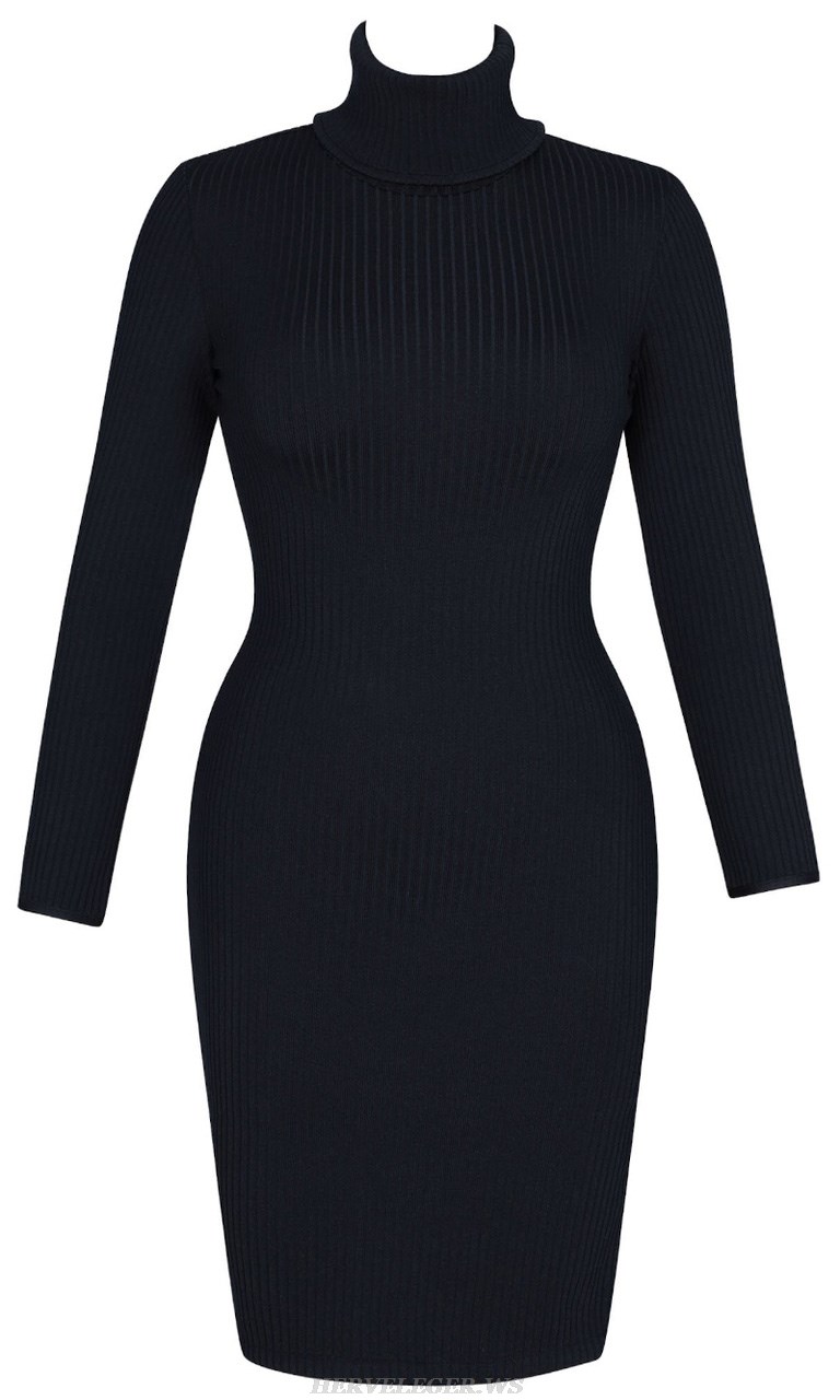 Herve Leger Black Long Sleeve Ribbed Dress