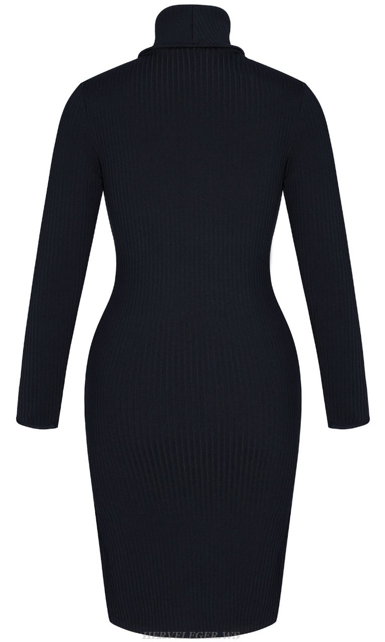 Herve Leger Black Long Sleeve Ribbed Dress