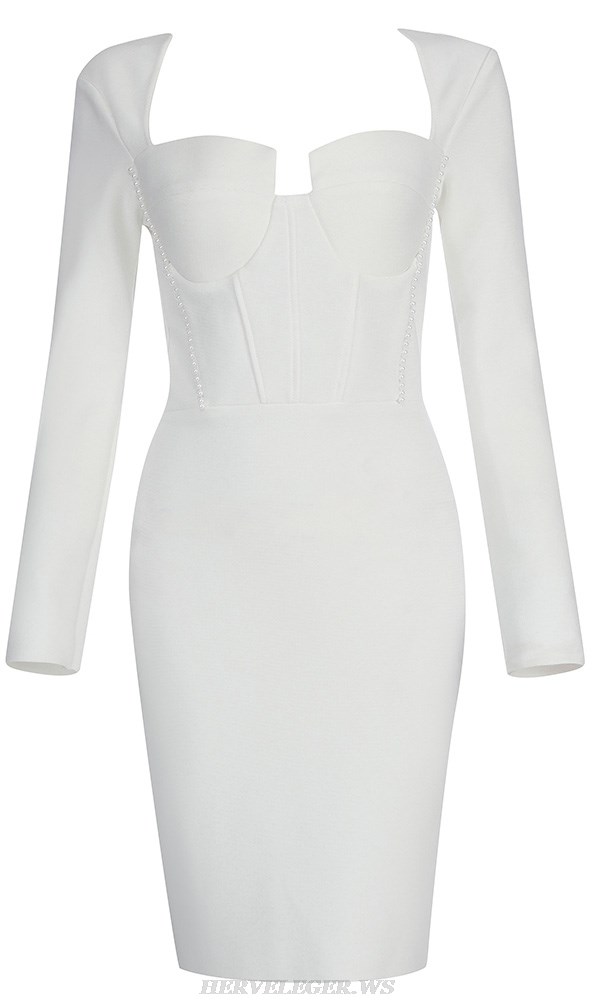 Herve Leger White Long Sleeve Pearl Corset Dress