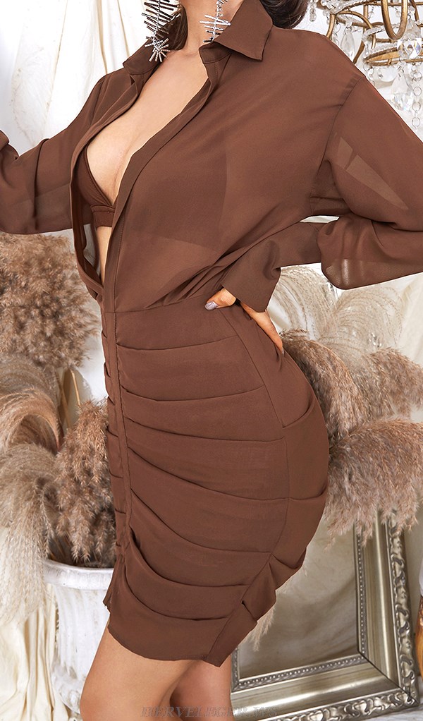 Herve Leger Brown Long Sleeve Pleated Shirt Dress