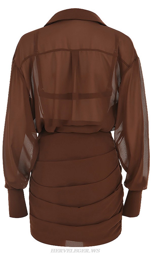 Herve Leger Brown Long Sleeve Pleated Shirt Dress