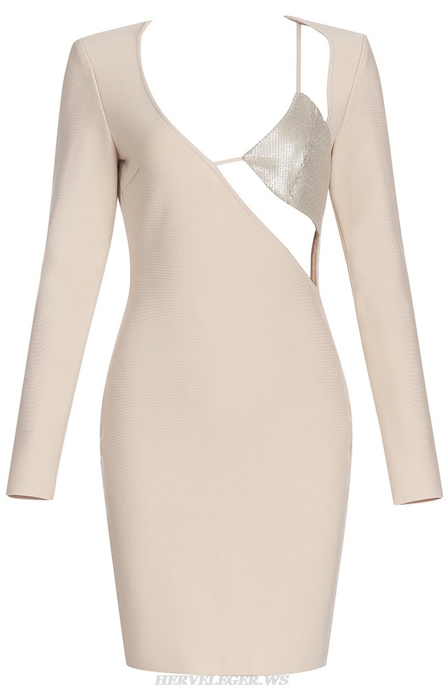 Herve Leger Nude Long Sleeve Sequin Bustier Dress