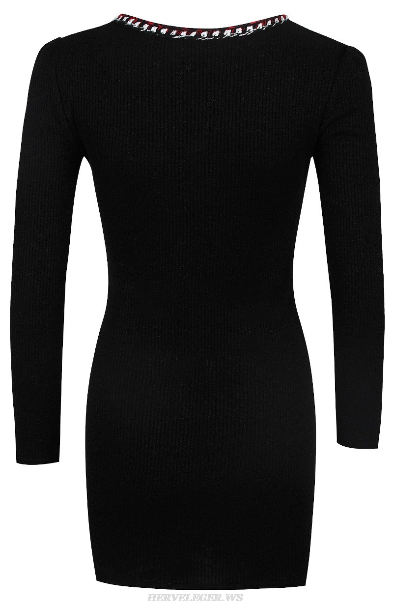 Herve Leger Black Long Sleeve Sparkly Ribbed Dress