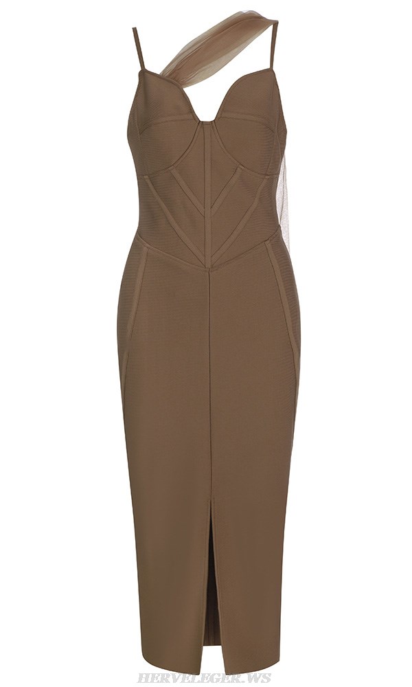 Herve Leger Brown Mesh Detail Corset Dress