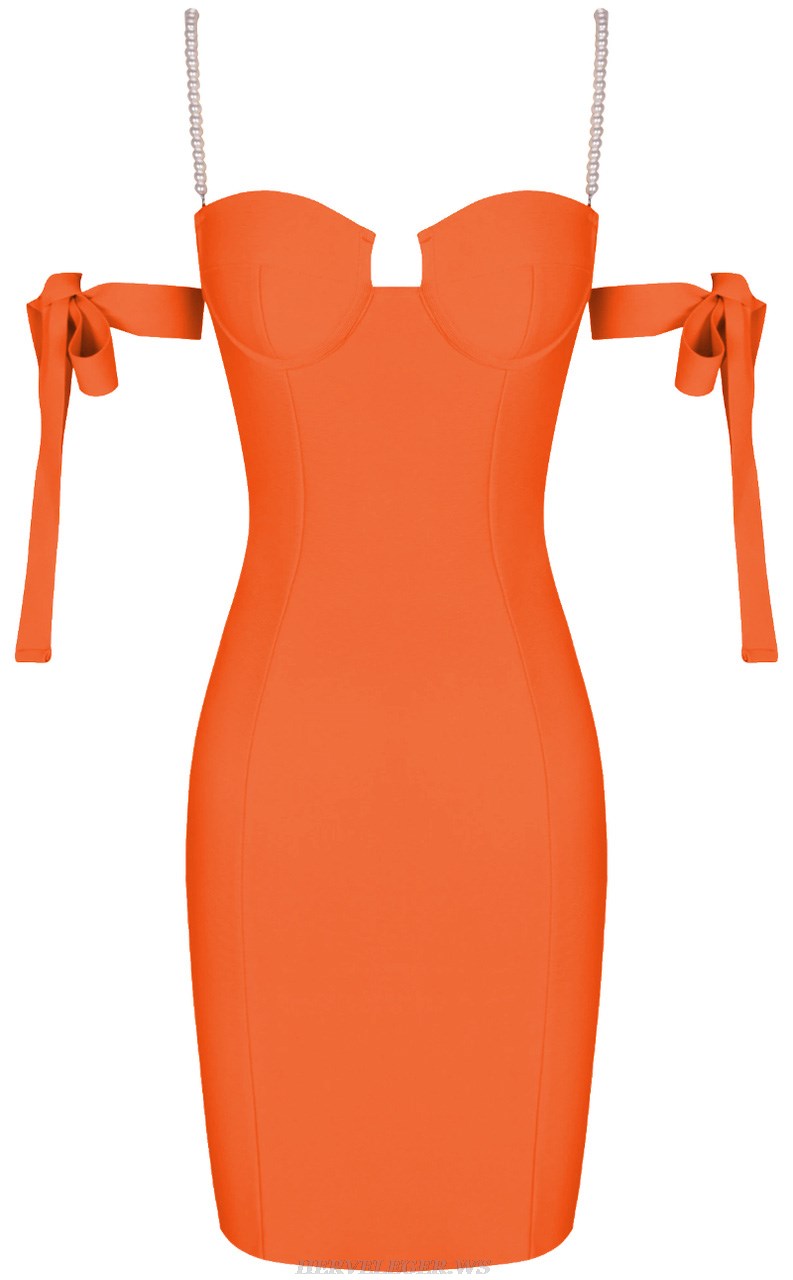 Herve Leger Orange Pearl Strap Bardot Bustier Dress