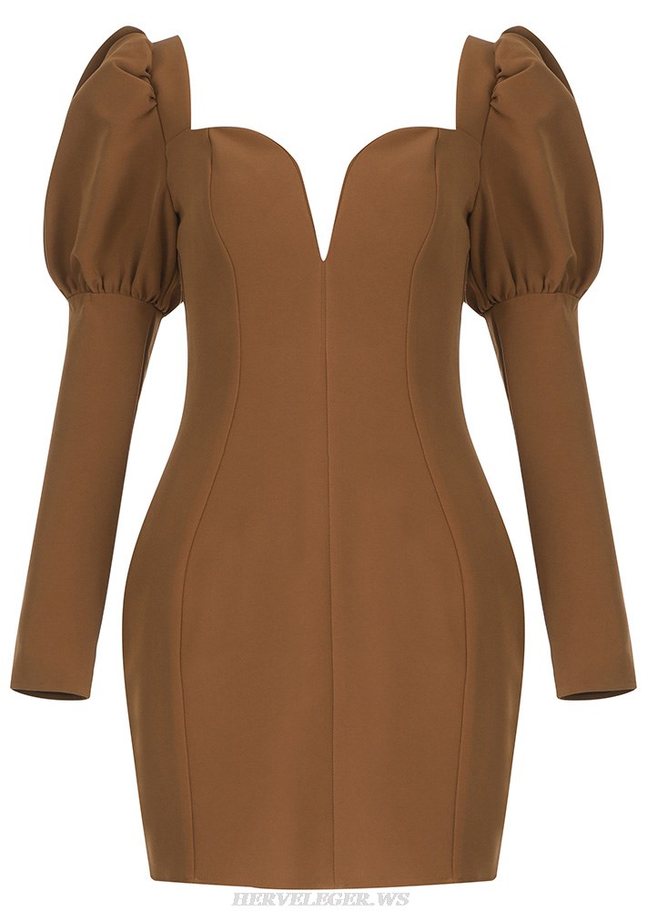 Herve Leger Brown Puff Long Sleeve Sweetheart Dress