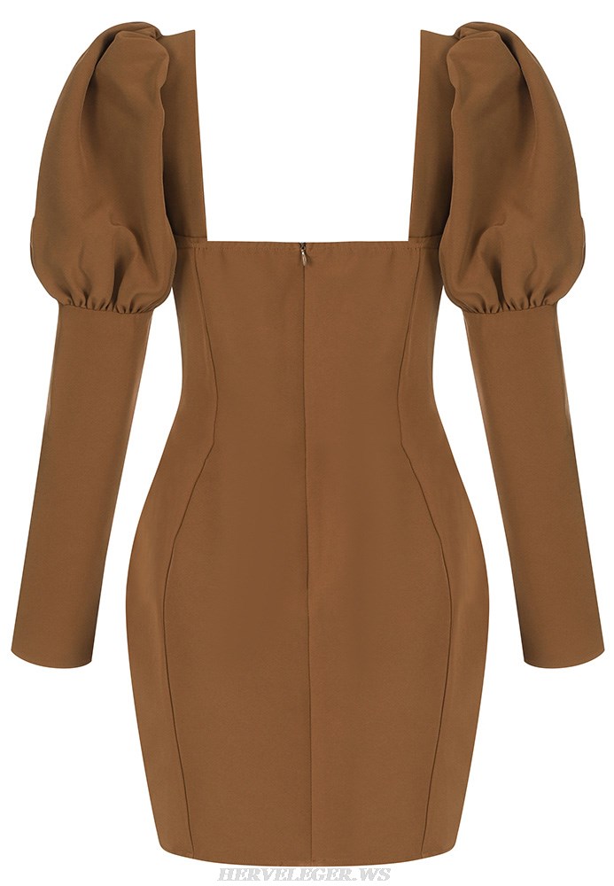 Herve Leger Brown Puff Long Sleeve Sweetheart Dress