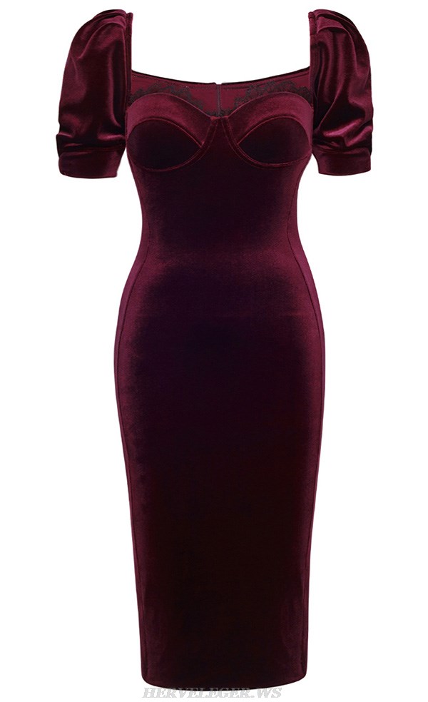 Herve Leger Burgundy Short Sleeve Lace Bustier Velvet Dress