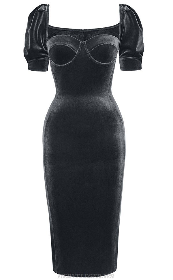 Herve Leger Grey Short Sleeve Lace Bustier Velvet Dress