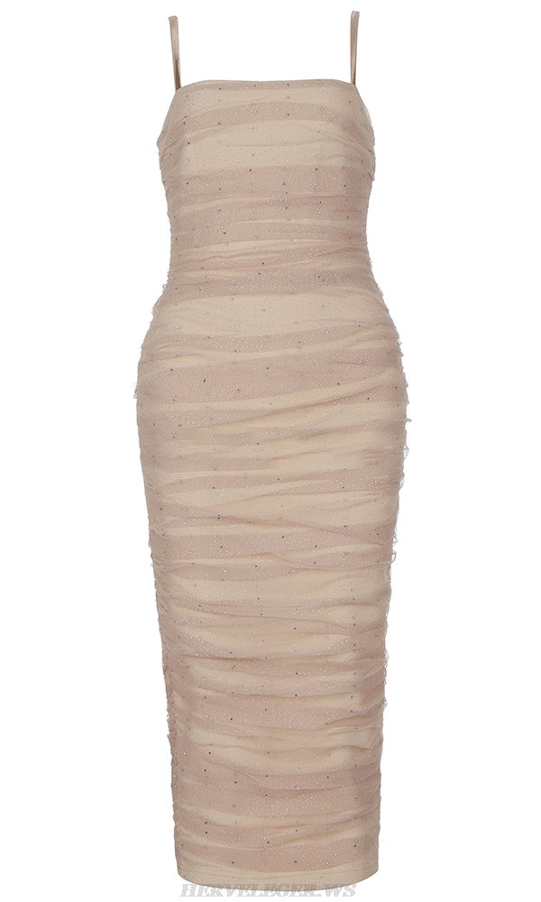 Herve Leger Nude Sparkly Draped Mesh Dress