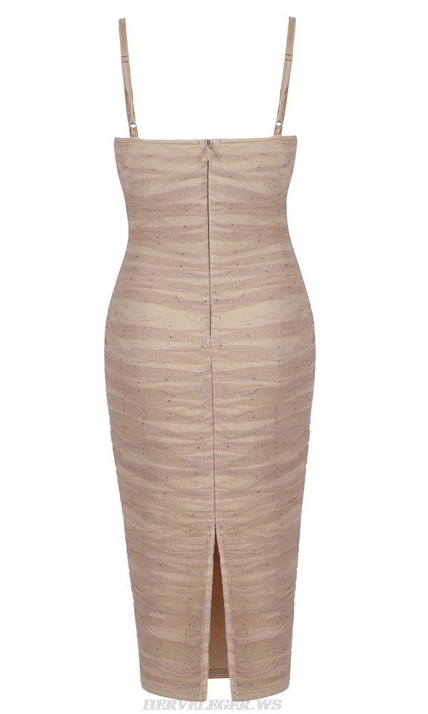 Herve Leger Nude Sparkly Draped Mesh Dress