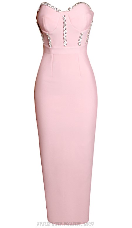 Herve Leger Pink Strapless Bustier Embellished Gown