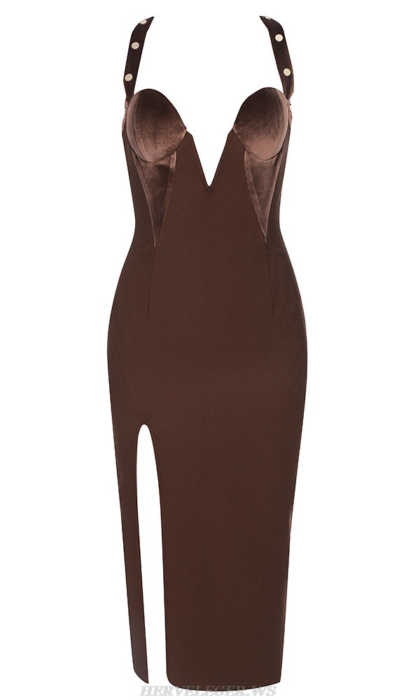 Herve Leger Brown Halter Studded Velvet Bustier Dress