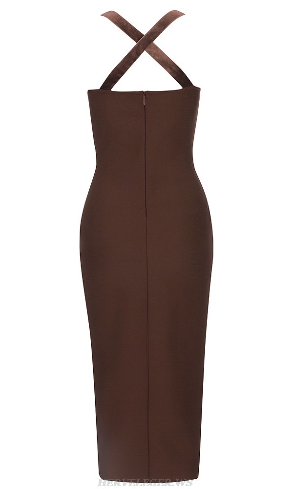 Herve Leger Brown Halter Studded Velvet Bustier Dress