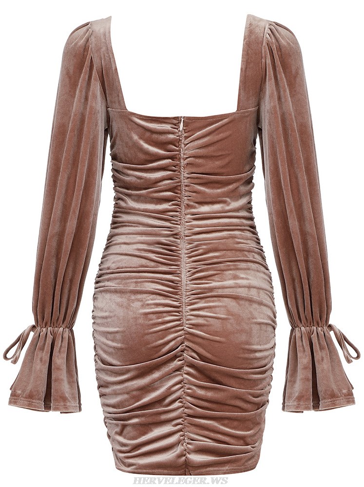 Herve Leger Brown Long Sleeve Draped Velvet Dress