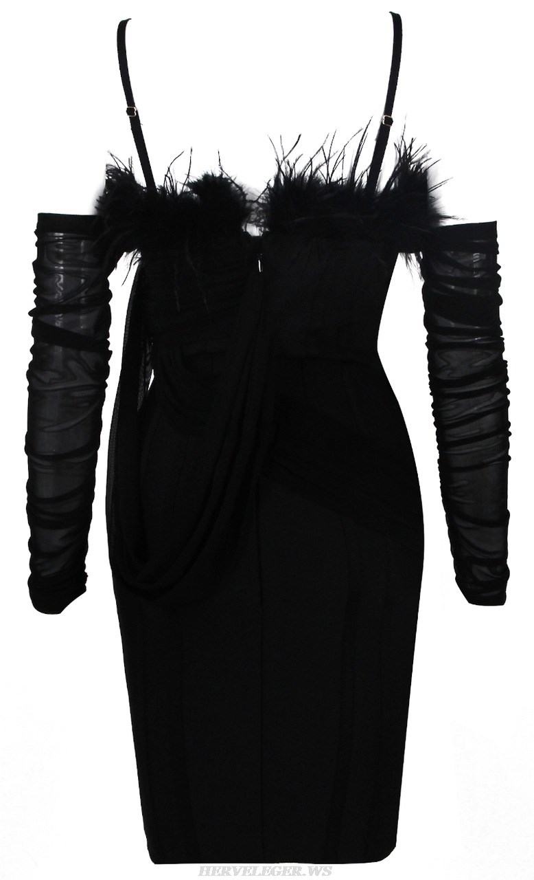 Herve Leger Black Long Sleeve Feather Bustier Dress