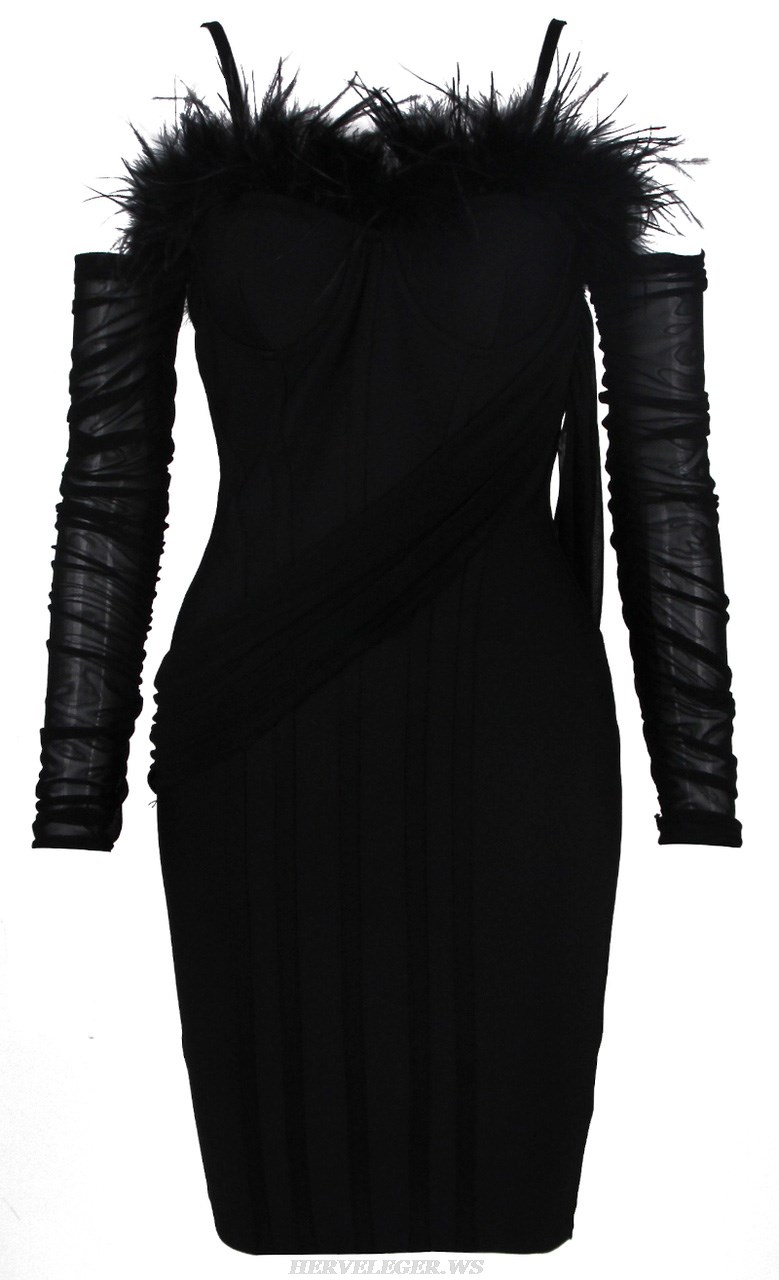 Herve Leger Black Long Sleeve Feather Bustier Dress