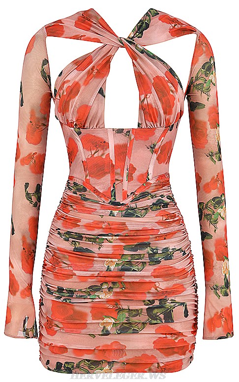 Herve Leger  Long Sleeve Floral Halter Corset Draped Dress