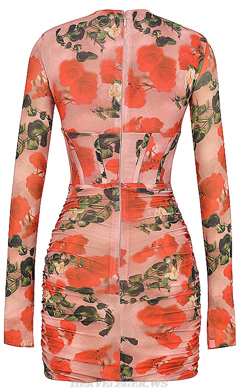 Herve Leger  Long Sleeve Floral Halter Corset Draped Dress