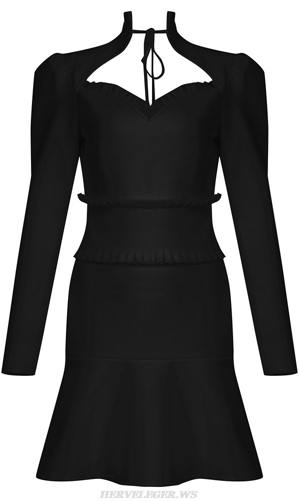 Herve Leger Black Long Sleeve Pleated Fluted Dress