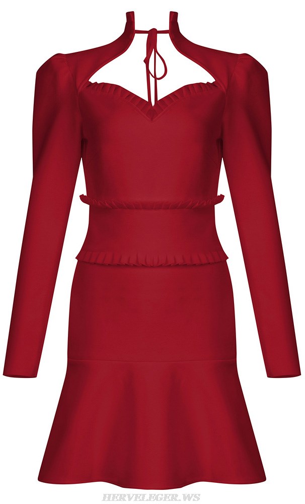 Herve Leger Red Long Sleeve Pleated Fluted Dress