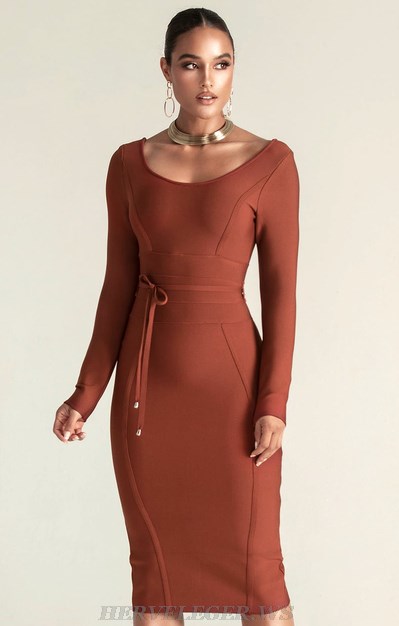 Herve Leger Brown Long Sleeve Tie Detail Dress