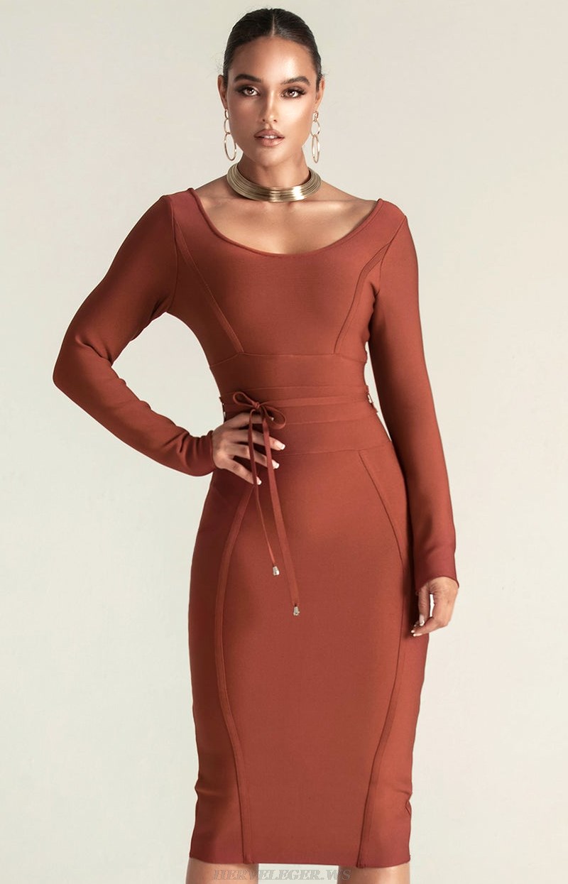 Herve Leger Brown Long Sleeve Tie Detail Dress