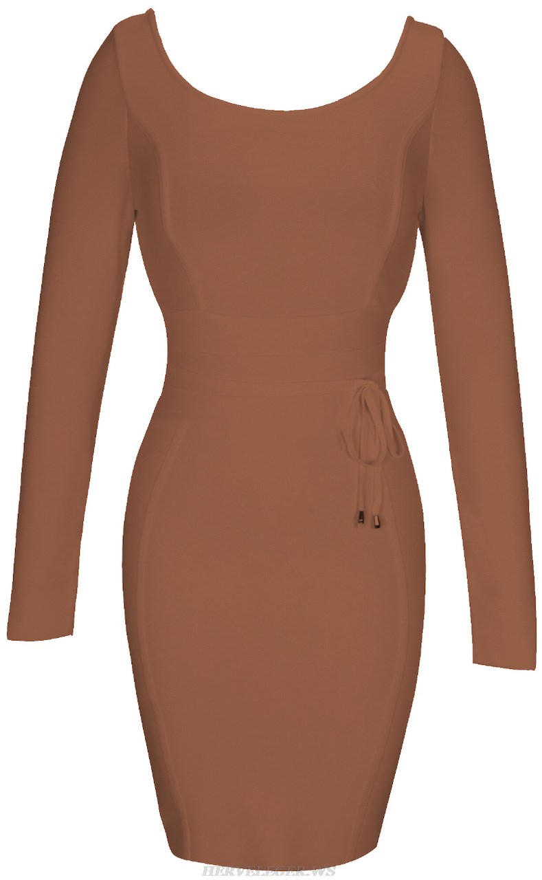 Herve Leger Brown Long Sleeve Tie Detail Dress