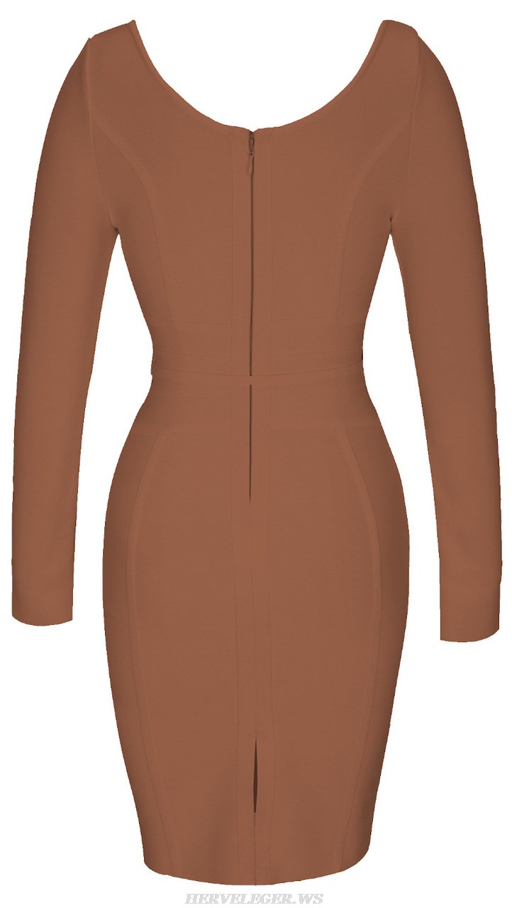 Herve Leger Brown Long Sleeve Tie Detail Dress