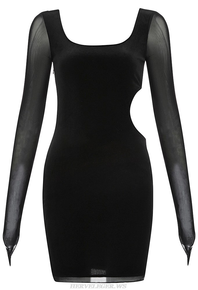 Herve Leger Black Mesh Long Sleeve Velvet Dress