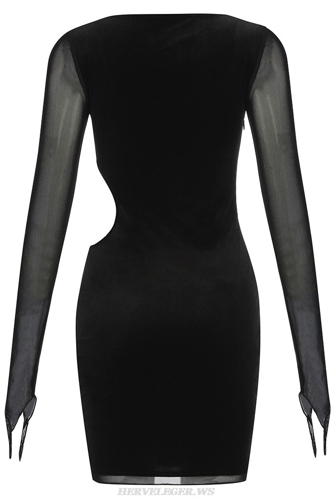 Herve Leger Black Mesh Long Sleeve Velvet Dress