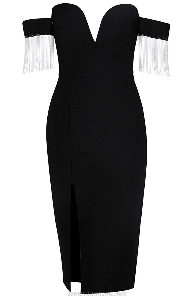 Herve Leger Black Off The Shoulder Tassel Dress