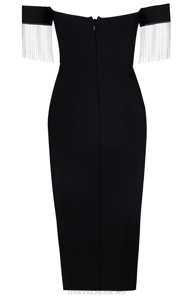 Herve Leger Black Off The Shoulder Tassel Dress