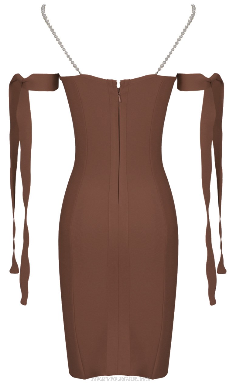 Herve Leger Brown Pearl Strap Bardot Bustier Dress