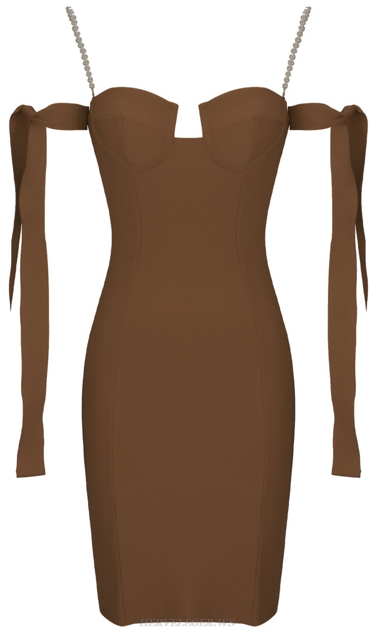 Herve Leger Brown Pearl Strap Bardot Bustier Dress