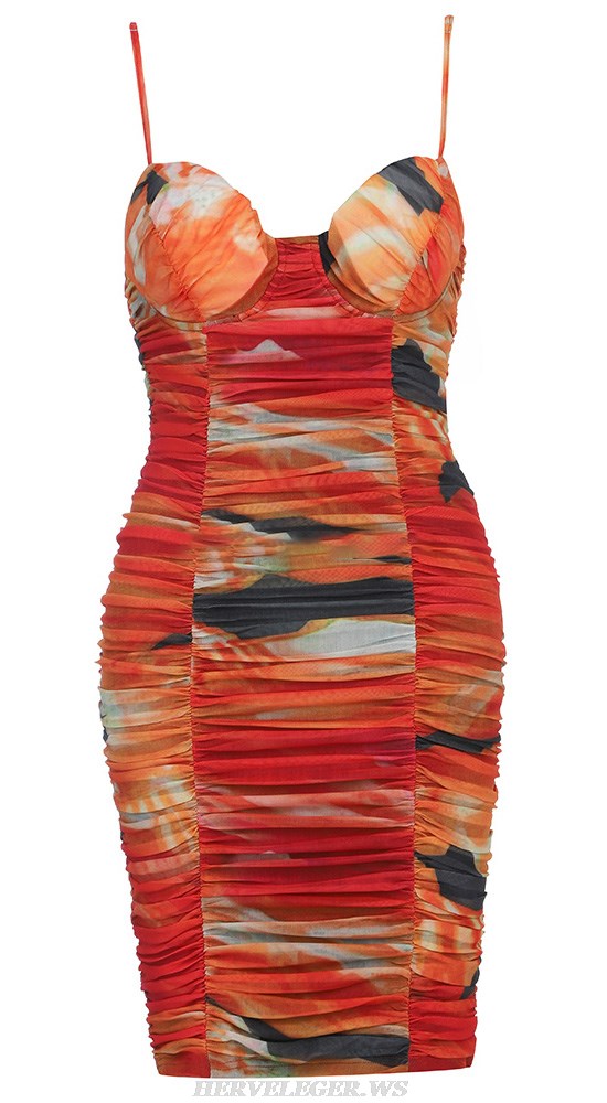 Herve Leger Red Printed Bustier Ruched Dress