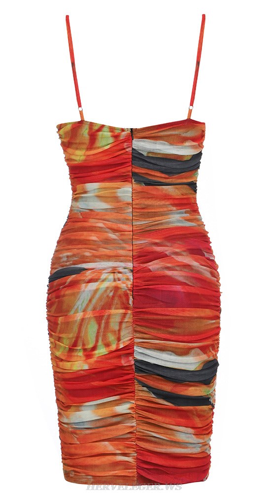 Herve Leger Red Printed Bustier Ruched Dress