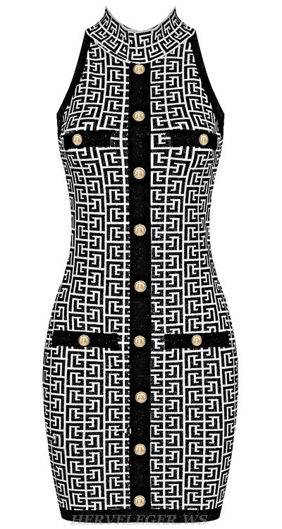 Herve Leger Button Detail Printed Dress