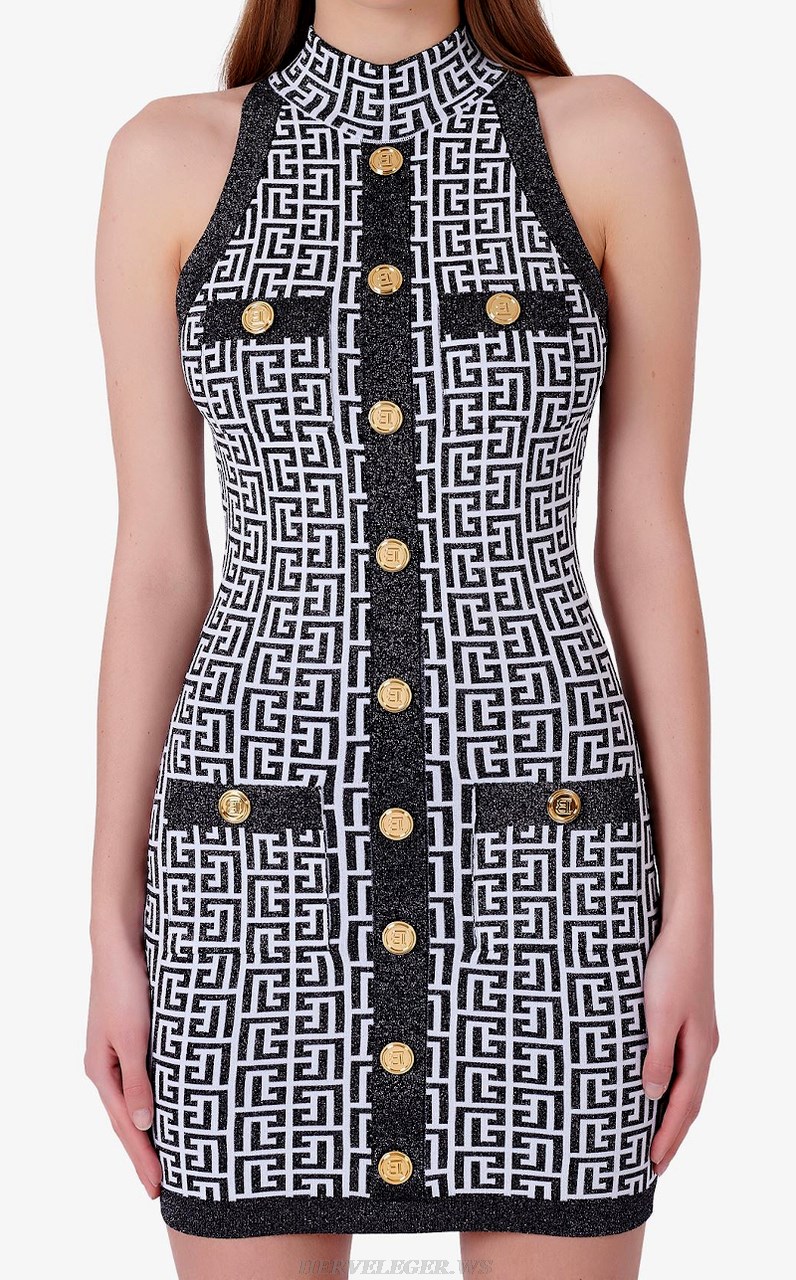 Herve Leger Button Detail Printed Dress