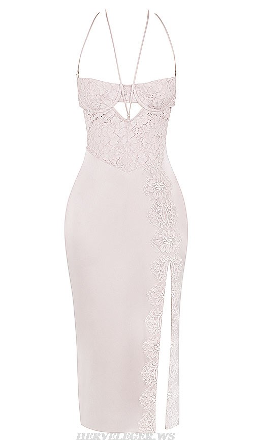 Herve Leger Halter Lace Bustier Split Silk Dress