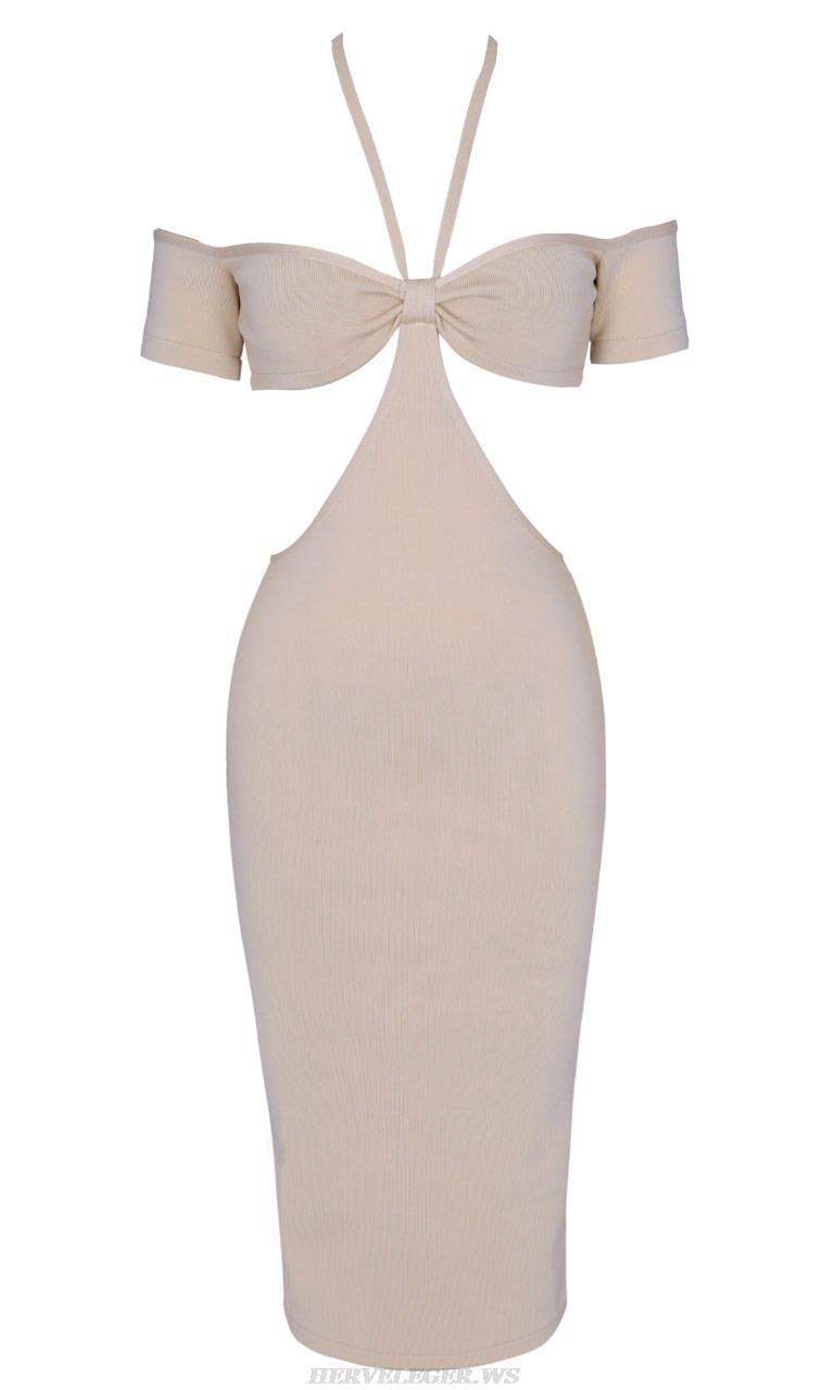 Herve Leger Nude Halter Off Shoulder Dress