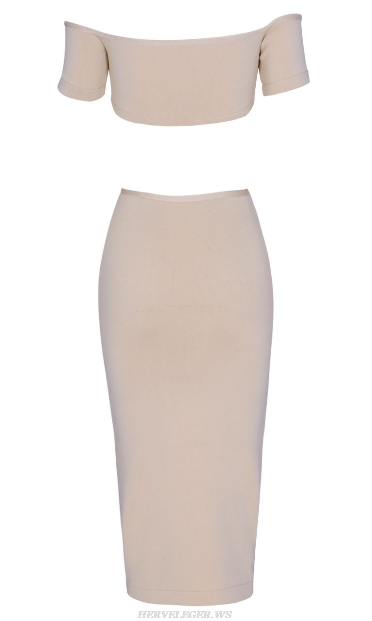 Herve Leger Nude Halter Off Shoulder Dress