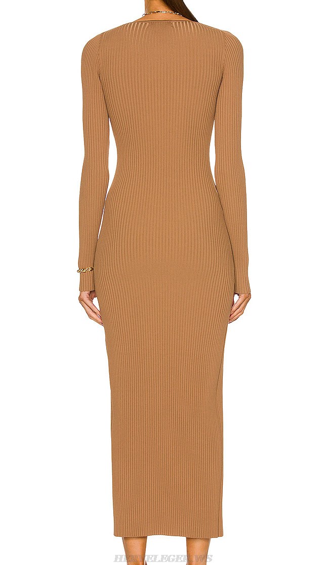 Herve Leger Brown Long Sleeve Ribbed Bustier Dress