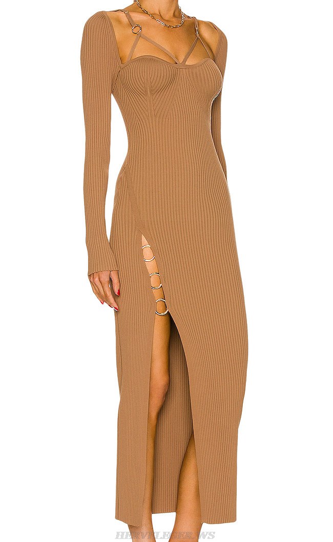 Herve Leger Brown Long Sleeve Ribbed Bustier Dress