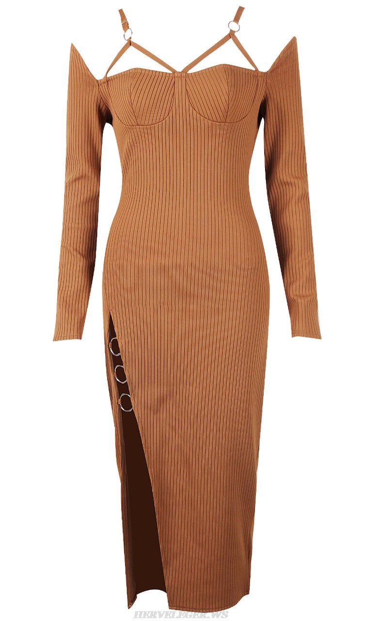 Herve Leger Brown Long Sleeve Ribbed Bustier Dress