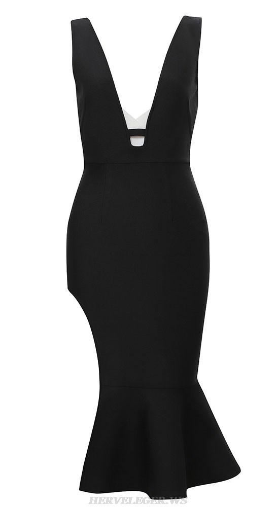 Herve Leger Black Plunge V Neck Fluted Split Dress