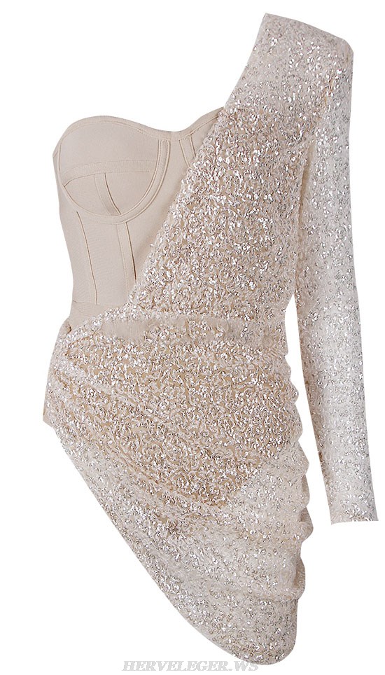 Herve Leger Nude Sequined Draped One Sleeve Bustier Dress