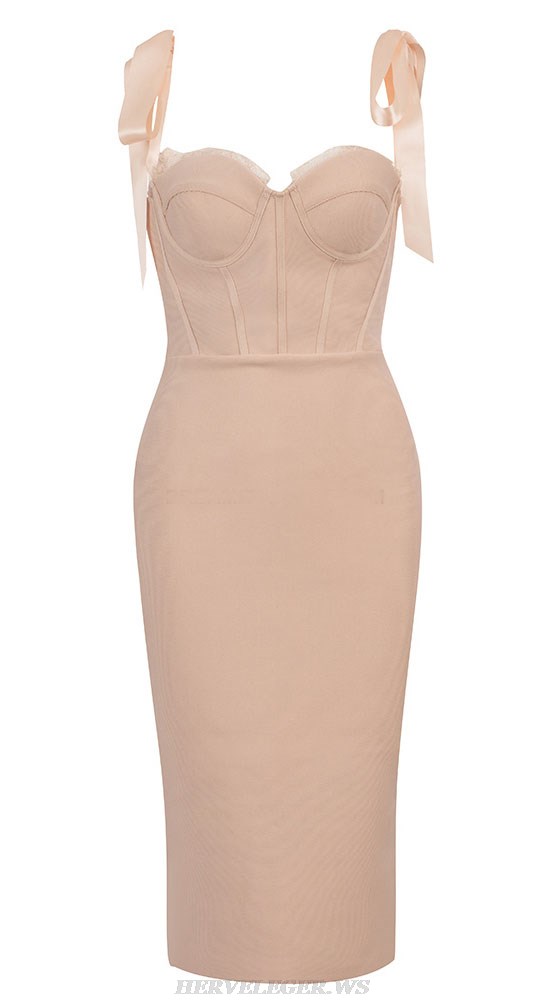 Herve Leger Nude Tie Detail Lace Bustier Dress