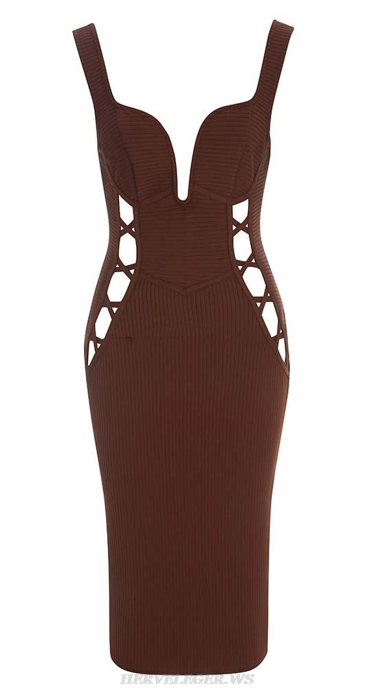 Herve Leger Brown Bustier Cut Out Ribbed Midi Dress