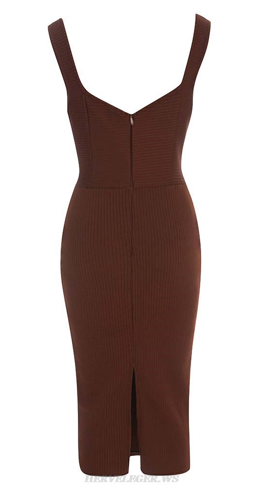 Herve Leger Brown Bustier Cut Out Ribbed Midi Dress